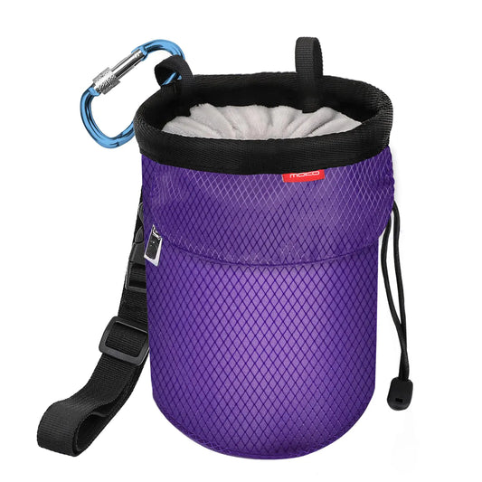 MoKo Chalk Bag Drawstring Rock Climbing Chalk Bag Bouldering Chalk Bag Bucket with Adjustable Belt & Zippered Pockets and Carabiner for Rock Climbing Weight Lifting Gymnastics Crossfit Purple