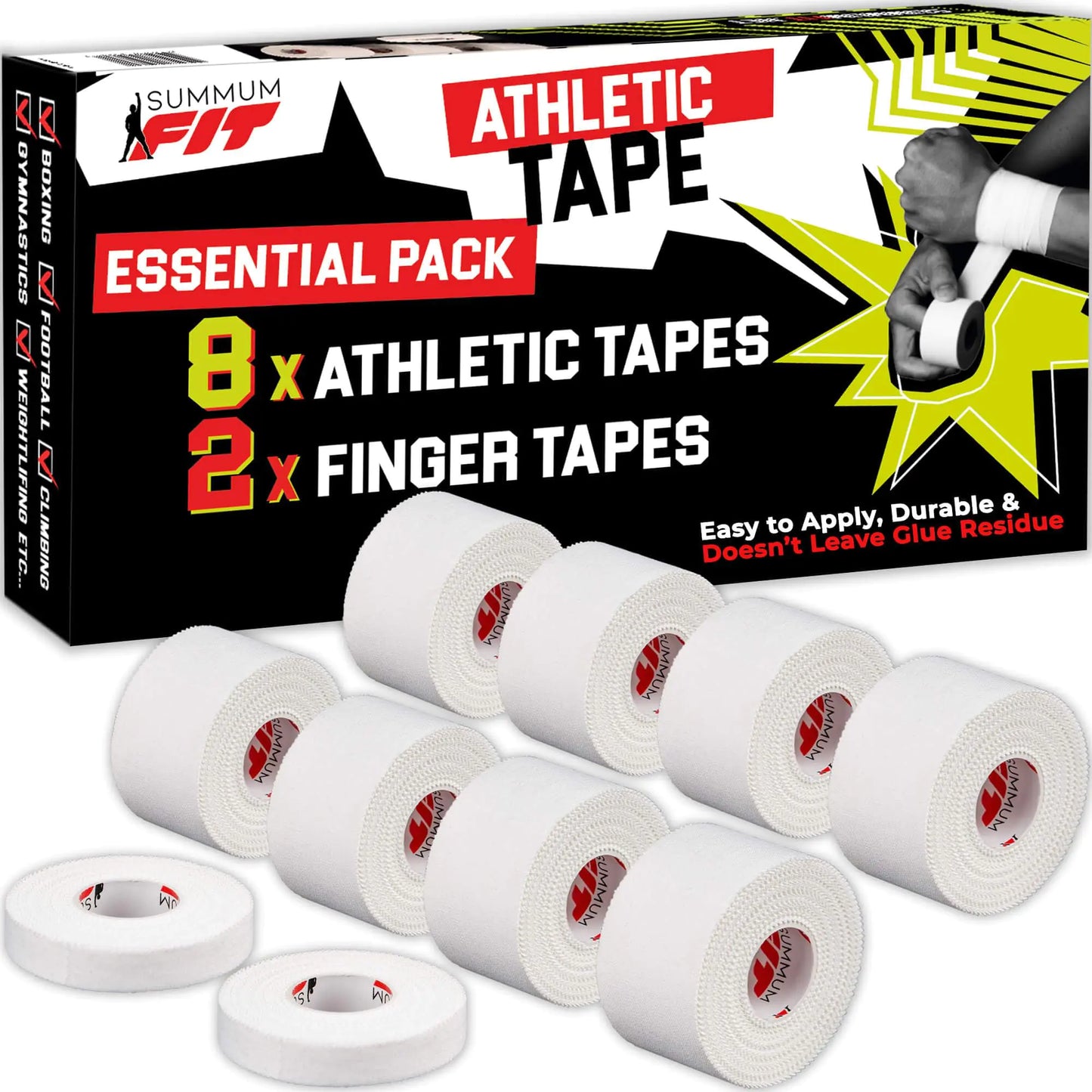 White Athletic Tape Extremely Strong: 8 Rolls + 2 Finger Tape. Easy to Apply & No Sticky Residue. Sports Tape for Boxing Football BJJ Climbing. Enhance Wrist Ankle & Hand Protection Now